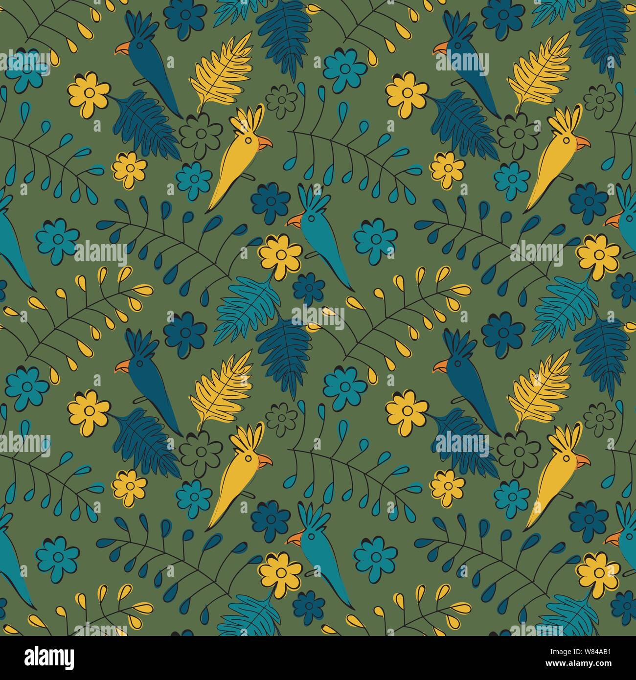 seamless vector doodle pattern with parrots, leaves, and flowers Stock Vector
