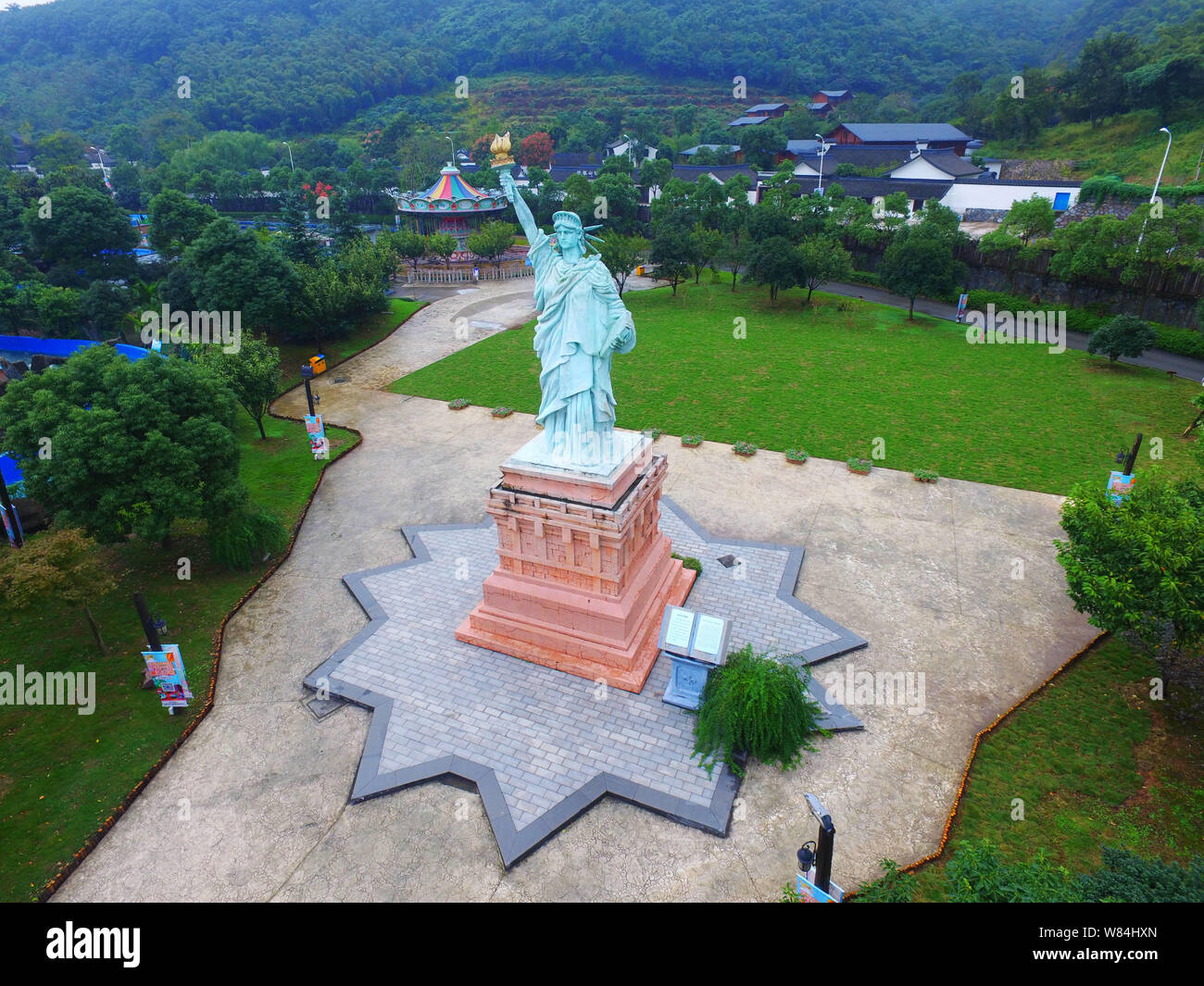 Aerial view of a replica of the Statue of Liberty at a