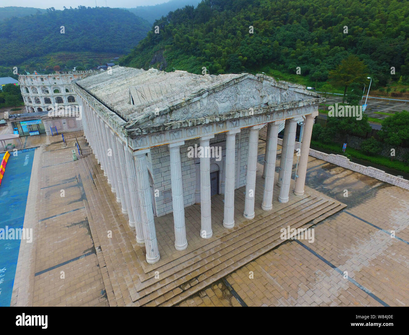 Aerial view of a replica of the Parthenon at a scenic spot in Ningbo city, east China's Zhejiang province, 7 October 2016.   Replicas of world landmar Stock Photo