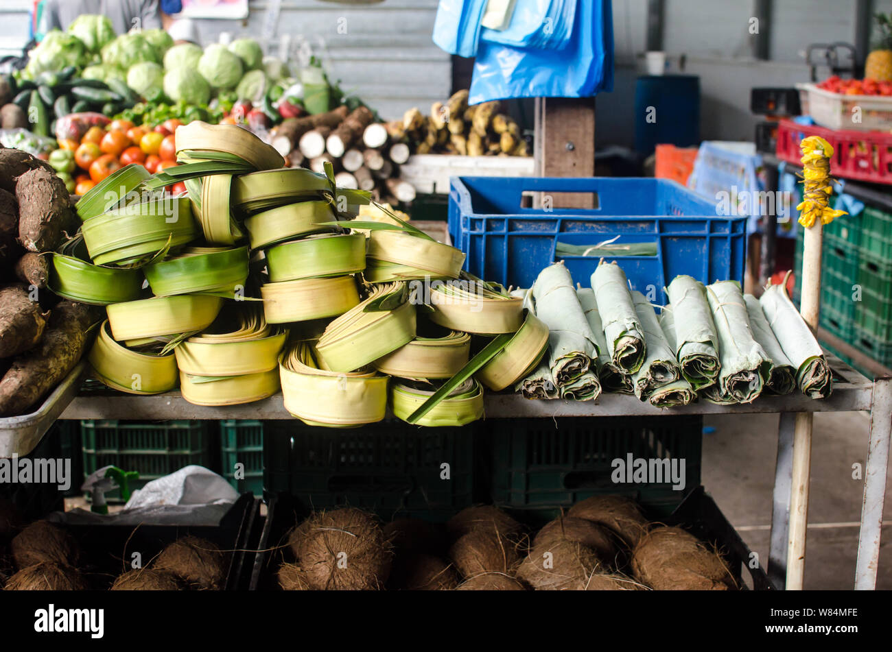 Palm and bijao leaves for sale at San Felipe Market in Panama City downtown. Both leaves are used to wrap different dishes from the Panamanian cuisine Stock Photo