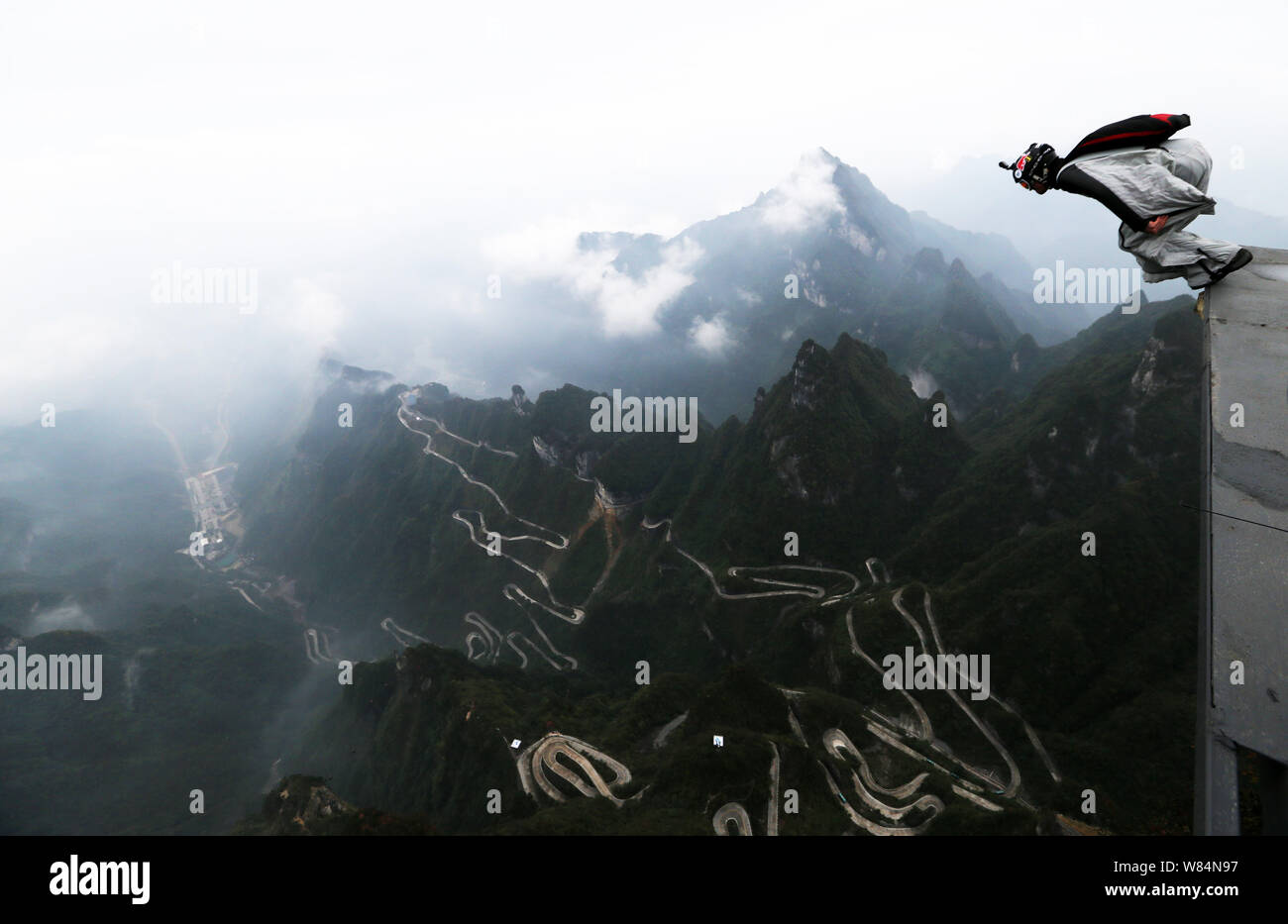 A wingsuit flier competes during the qualification of World Wingsuit