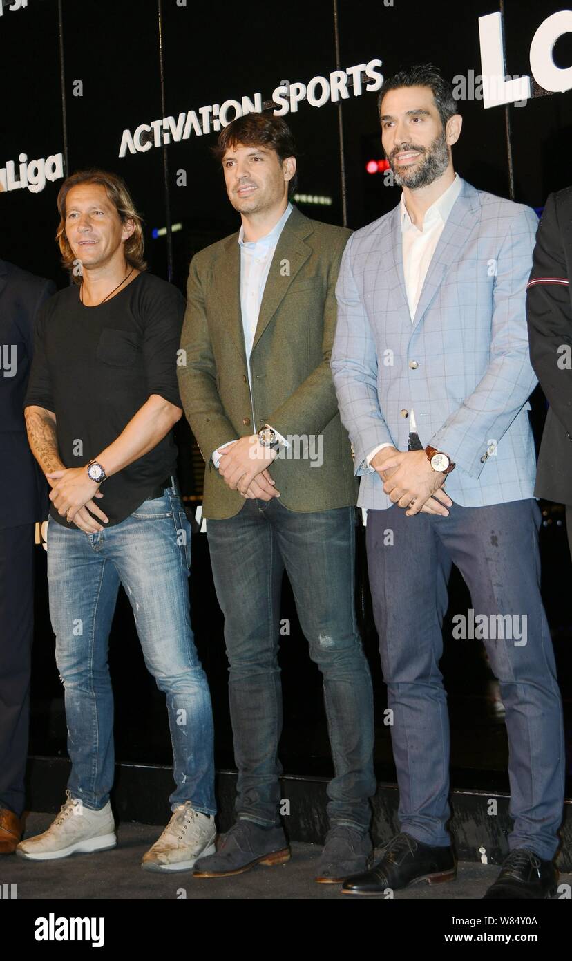 (From left) Retired Spanish soccer players Michel Salgado, Fernando Morientes and Fernando Sanz attend a fan meeting event in Shanghai, China, 22 Octo Stock Photo