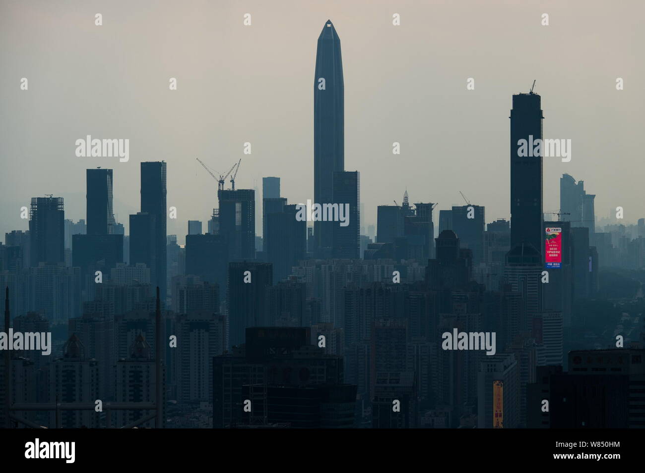 Skyline of Futian District with the Ping An International Finance Centre, tallest, and other high-rise residential and office buildings in Shenzhen ci Stock Photo