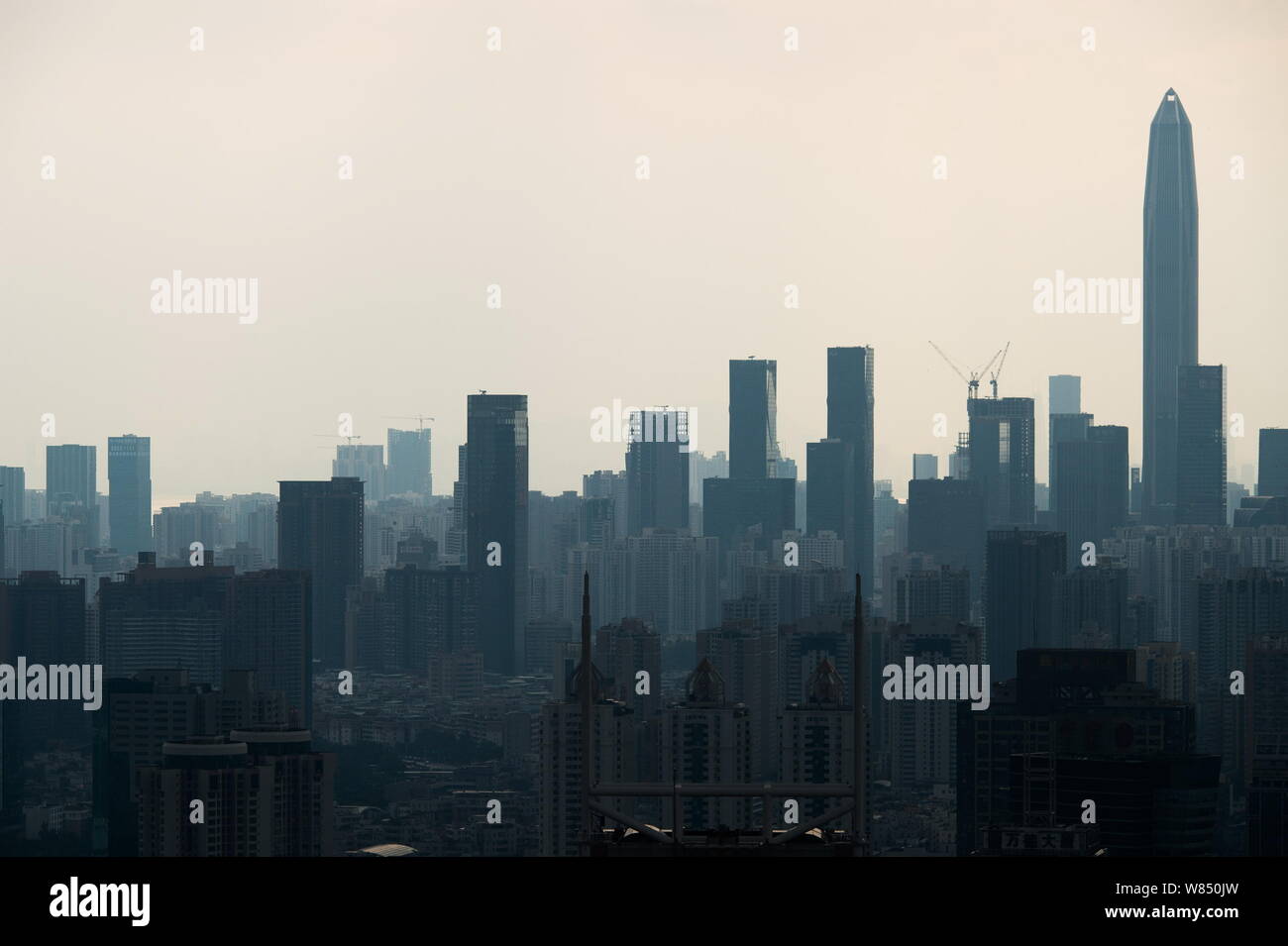 Skyline of Futian District with the Ping An International Finance Centre, tallest, and other high-rise residential and office buildings in Shenzhen ci Stock Photo