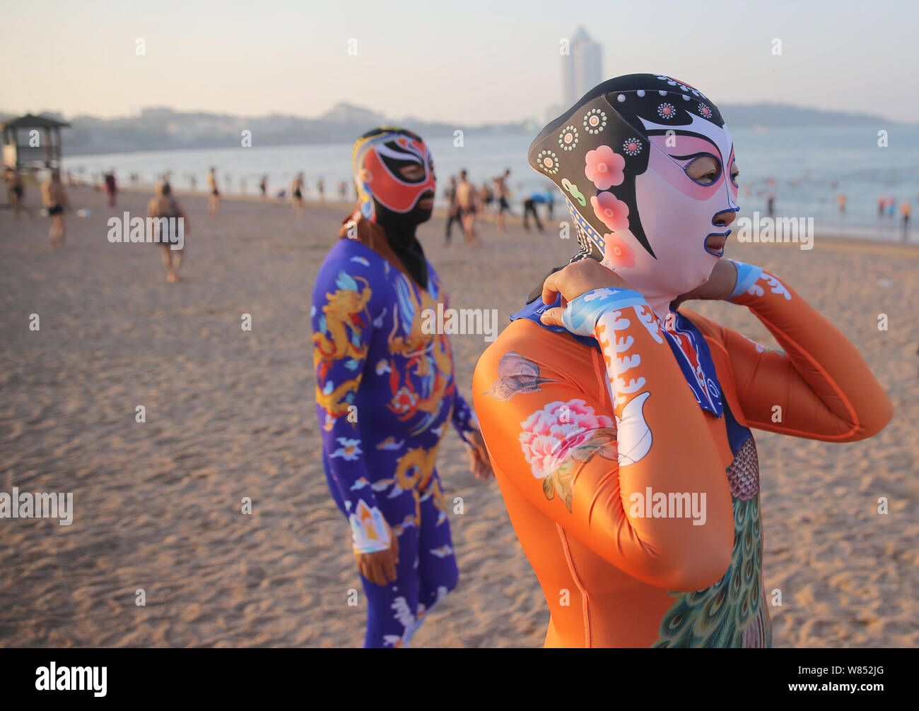 Chinese women wearing facekinis are pictured at a beach resort in