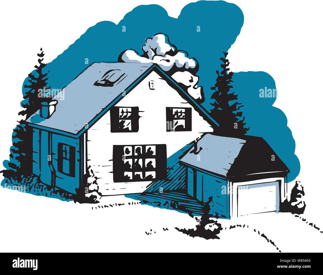 Loosely rendered country home & garage hand drawn surrounded by trees & shrubs at night Stock Vector