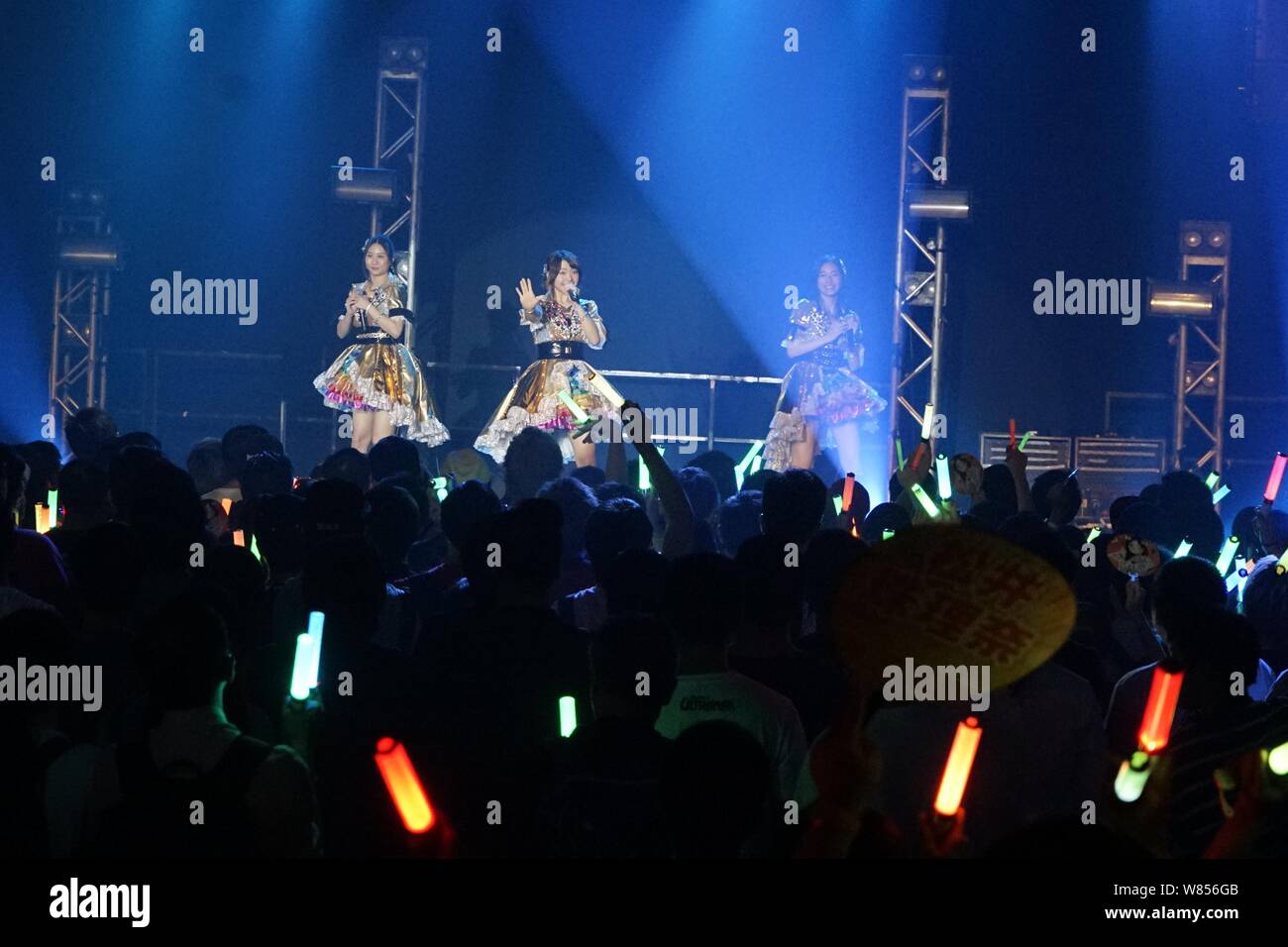 (From left) Nao Furuhata, Jurina Matsui and Miki Yakata of Japanese idol girl group SKE48 perform at their fan meeting in Hong Kong, China, 7 Septembe Stock Photo