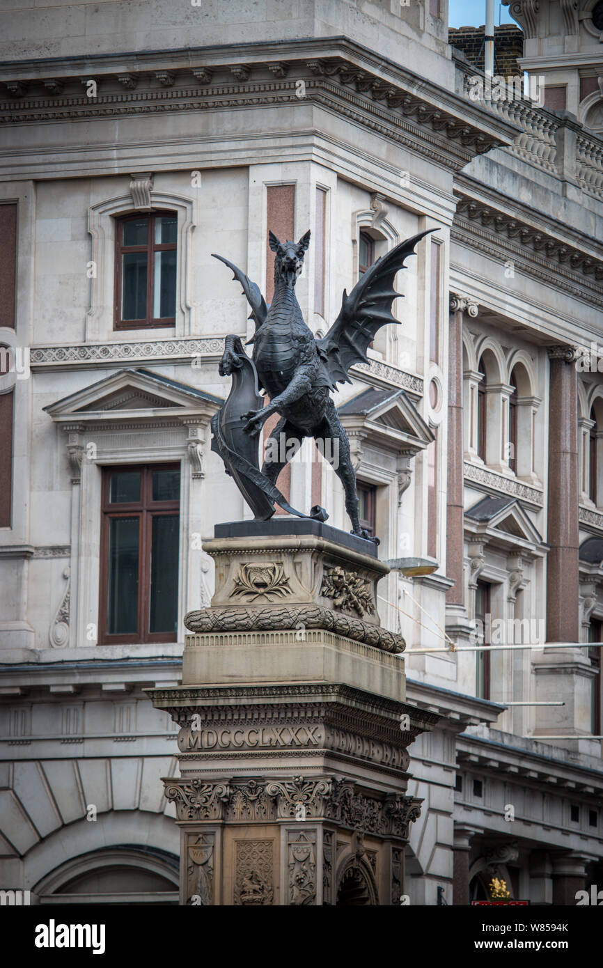 The Temple Bar Dragon is one of the cast iron dragons that mark the boundaries of the City of London. This one is between City of London and City of Westminster. Stock Photo