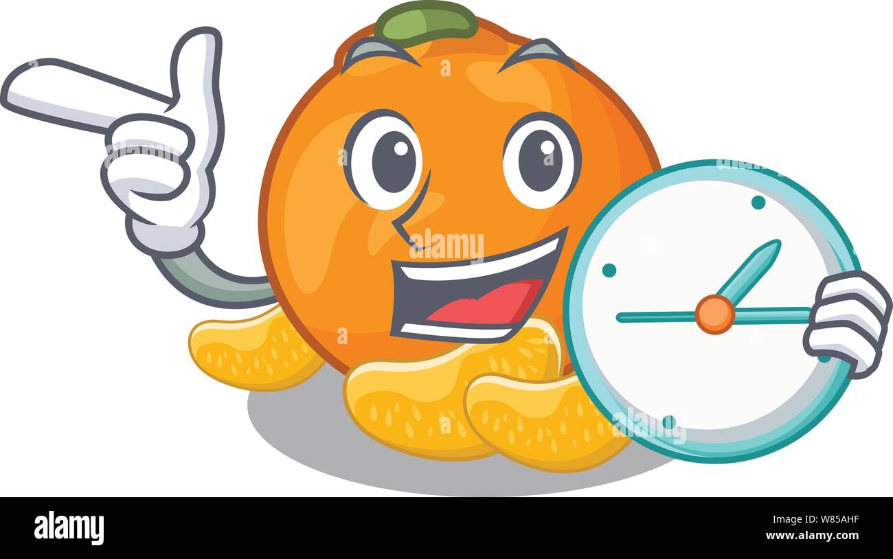 With clock tangerine is stored in cartoon refrigerator Stock Vector