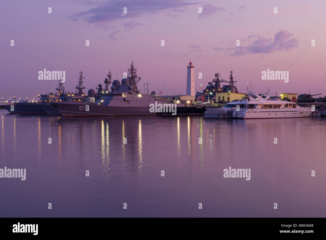 SAINT-PETERSBURG, RUSSIA - JULY 27, 2019: July twilight in the Middle Harbor. Kronstadt Stock Photo