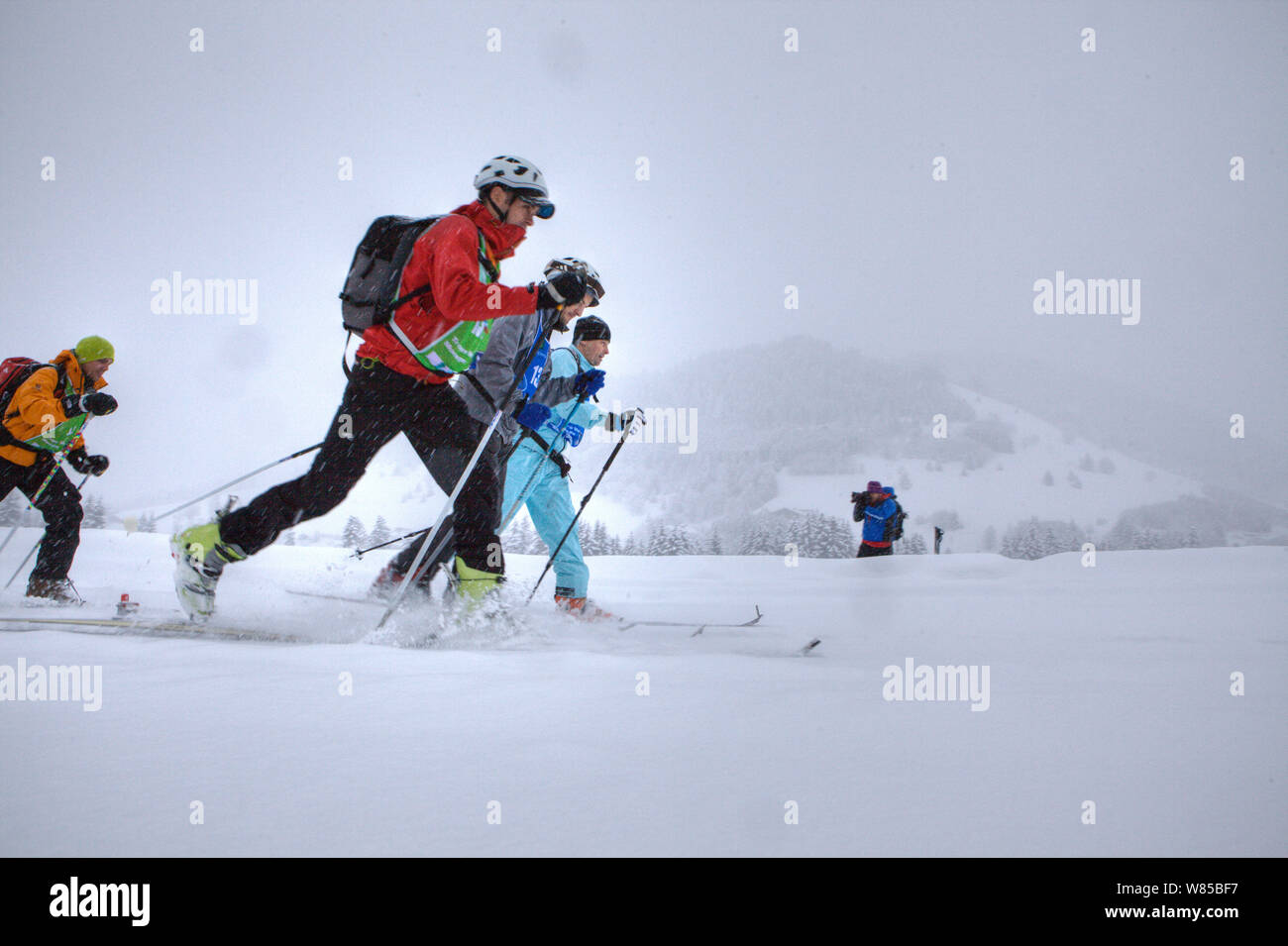 Skiers competing in Ski Rando, Challenge Mer et Montagne 2012, Saint Gervais les Bains, Mont Blanc, Haute Savoie, France, January 2014. Stock Photo