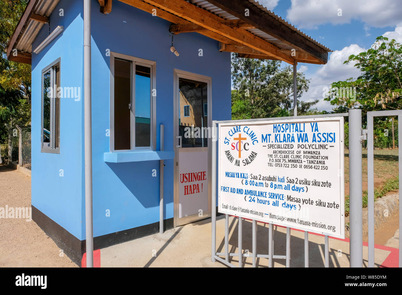 Entrance to the catholic St. Clare Clinic of the German missionary doctor Thomas Brei, in Mwanza, Tanzania, Africa Stock Photo