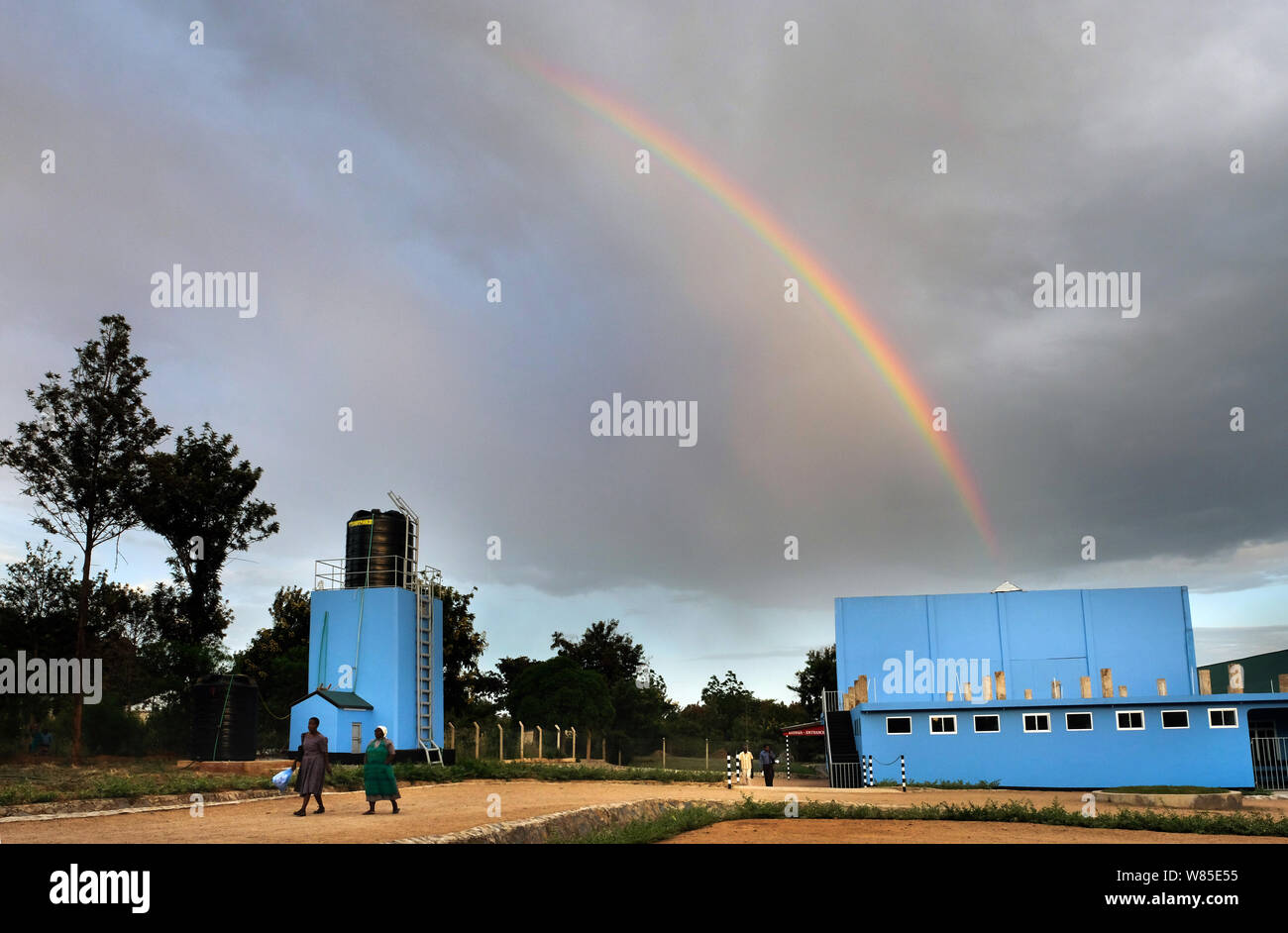 Rainbow over the catholic St. Clare Clinic of the German missionary doctor Thomas Brei, in Mwanza, Tanzania, Africa Stock Photo