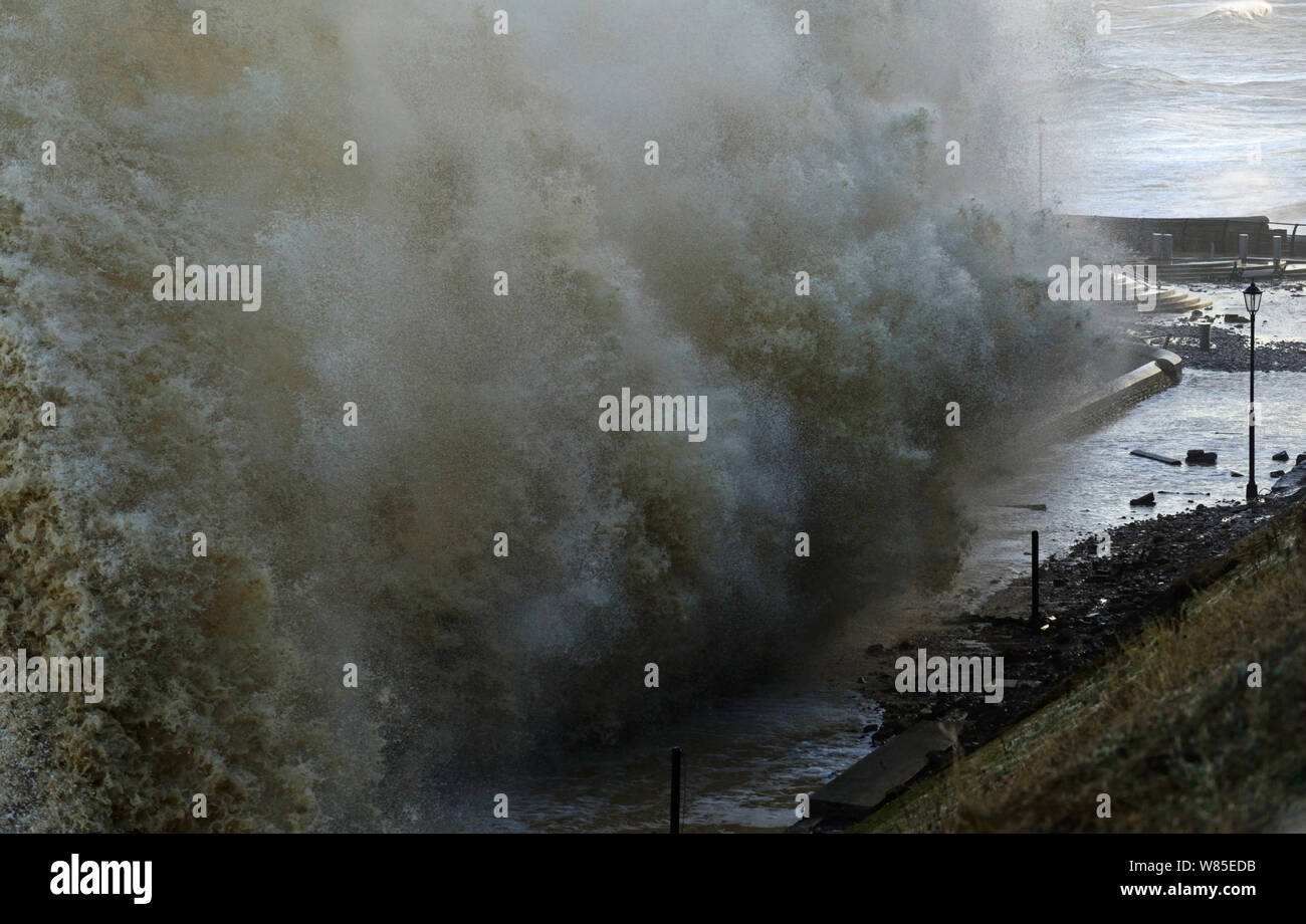 Wall of water crashing into Cromer seafront during storm surge., Norfolk, England, UK. December 2013. Stock Photo