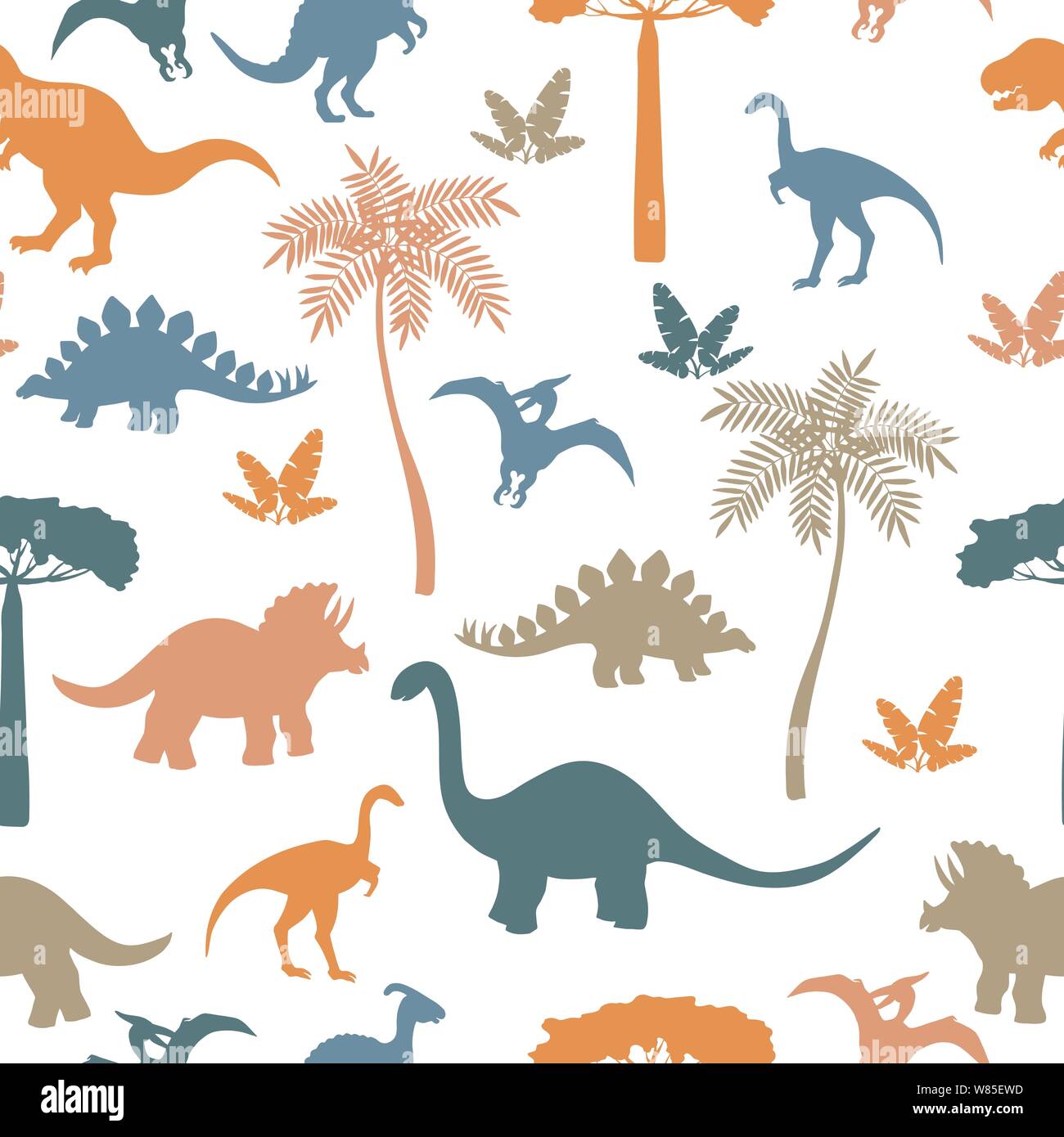 Seamless pattern with colorful dinosaur silhouettes, stegosaurus ...