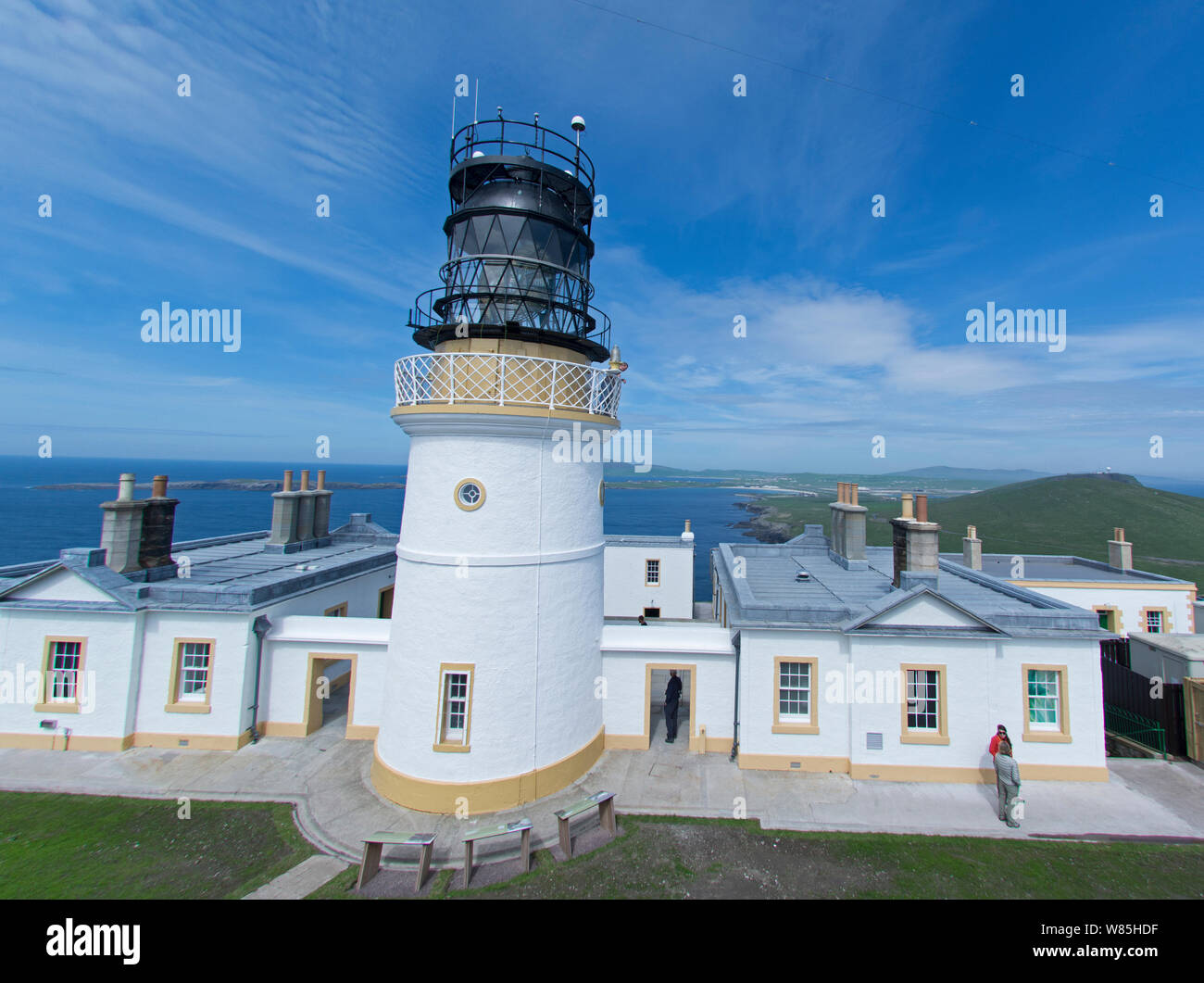 Sumburgh Head Lighthouse and RSPB visitor centre, Sumburgh Head, Shetland, UK, June 2014. Stock Photo