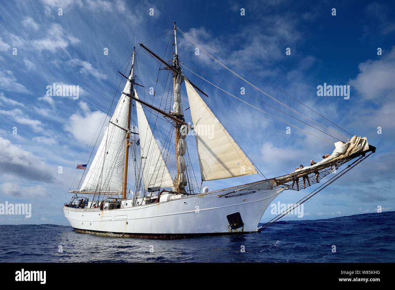 Corwith Cramer, a 134-foot steel brigantine,  Sargasso Sea, Bermuda, April 2014. Stock Photo