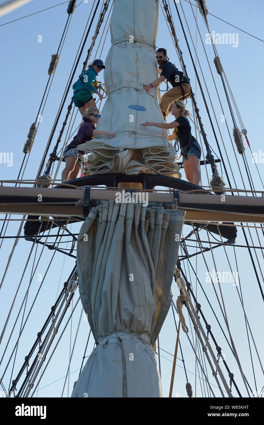 Crew attending to sails on mast of a sailing boat, Sargasso Sea, Bermuda Stock Photo