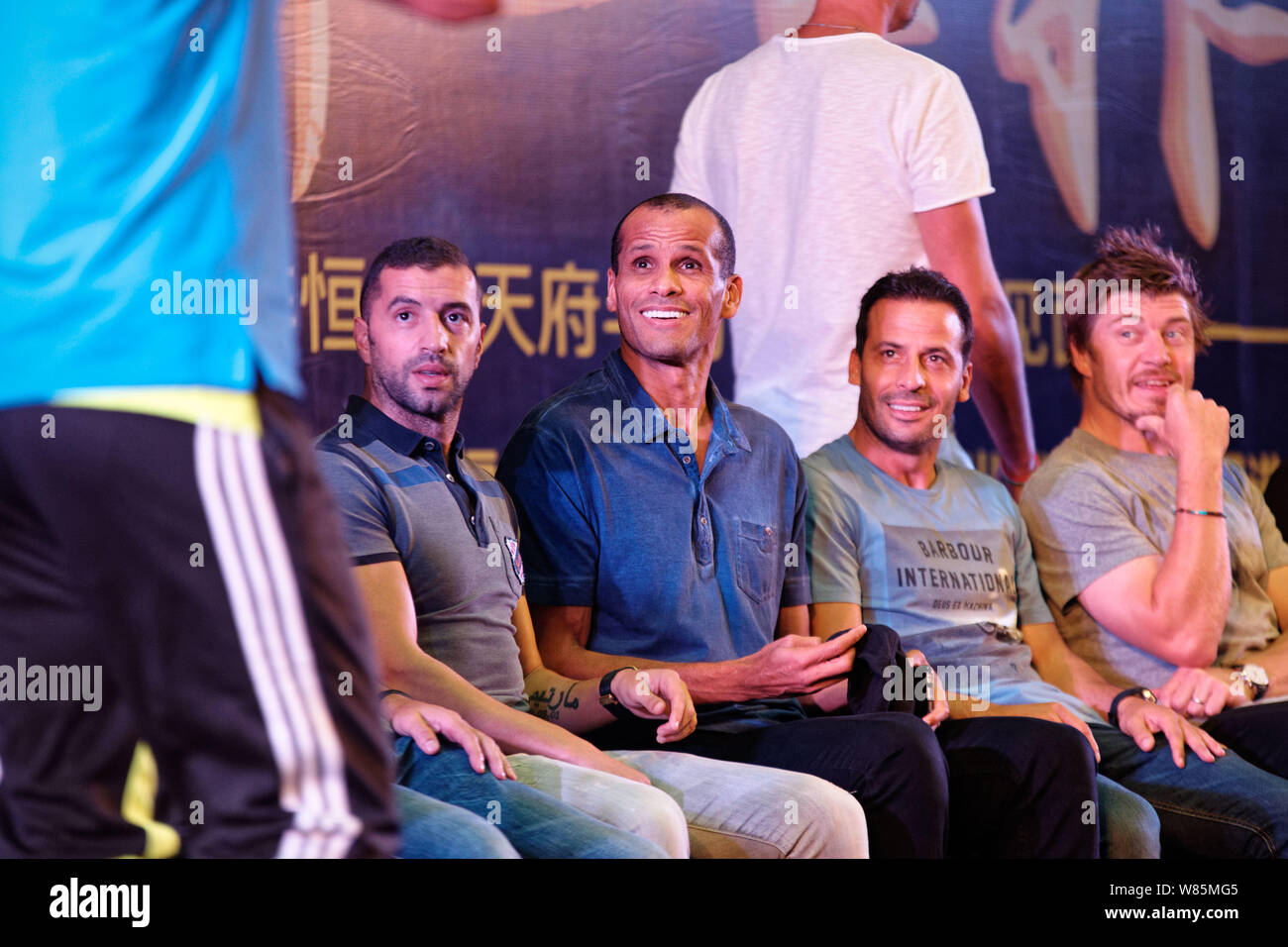 (From left) Portuguese soccer star Simao Sabrosa, Brazilian soccer star Rivaldo and French soccer star Ludovic Giuly attend a fan meeting event in Che Stock Photo