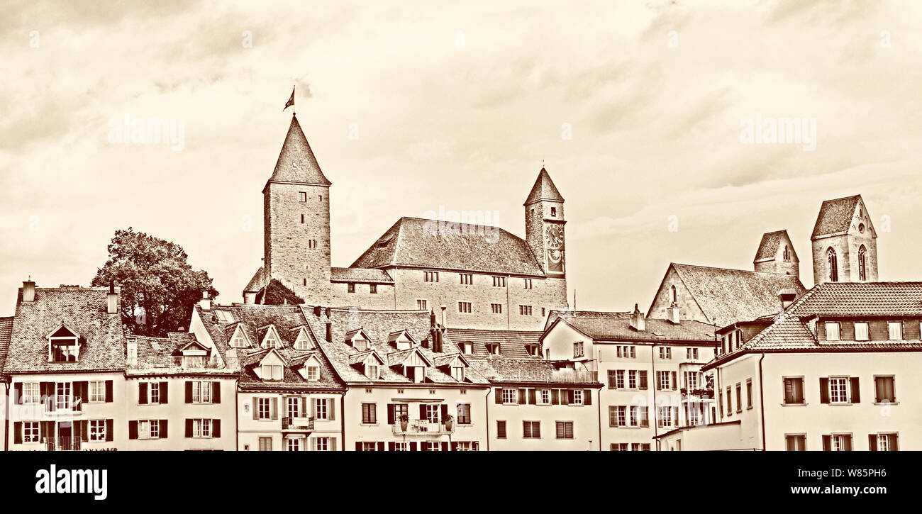 Rapperswil, SG / Switzerland - 3. August 2019:  skyline of the castle and historic old town of Rapperswil Stock Photo