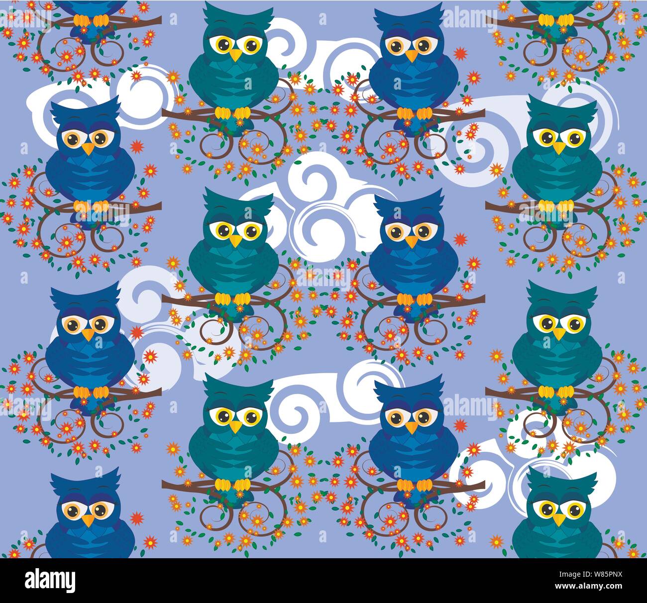Cute seamless pattern with owls and stars in pastel colors ...