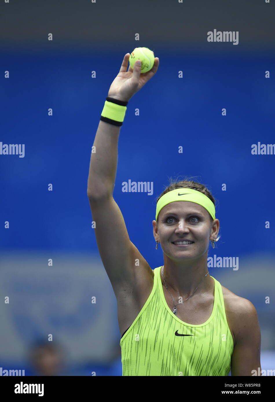 Lucie Safarova of Czech Republic reacts after defeating Varvara Lepchenko of the United States during their women's singles of the 2016 WTA Wuhan Open Stock Photo