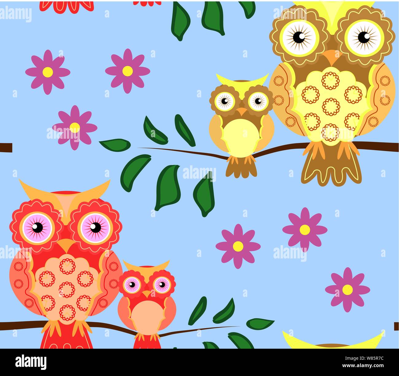 seamless pattern on the theme of family and nature. A family of owls ...