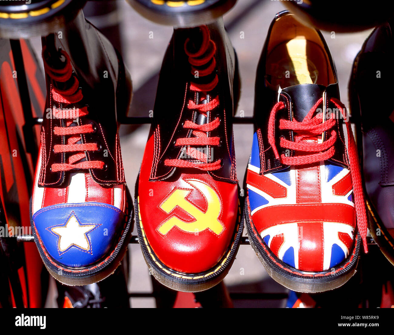 Doc Martens shoes on stall, Carnaby Street, Soho, City of Westminster, Greater London, England, United Kingdom Stock Photo