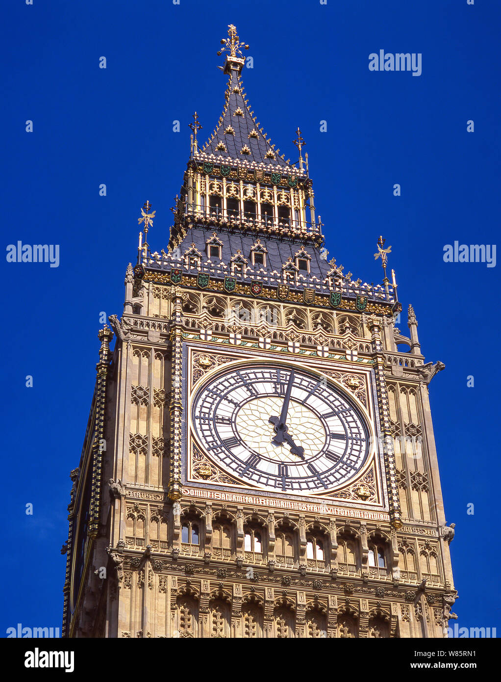 Big Ben and Elizabeth Tower from Westminster Bridge, Palace of Westminster (Parliament), City of Westminster, Greater London, England, United Kingdom Stock Photo