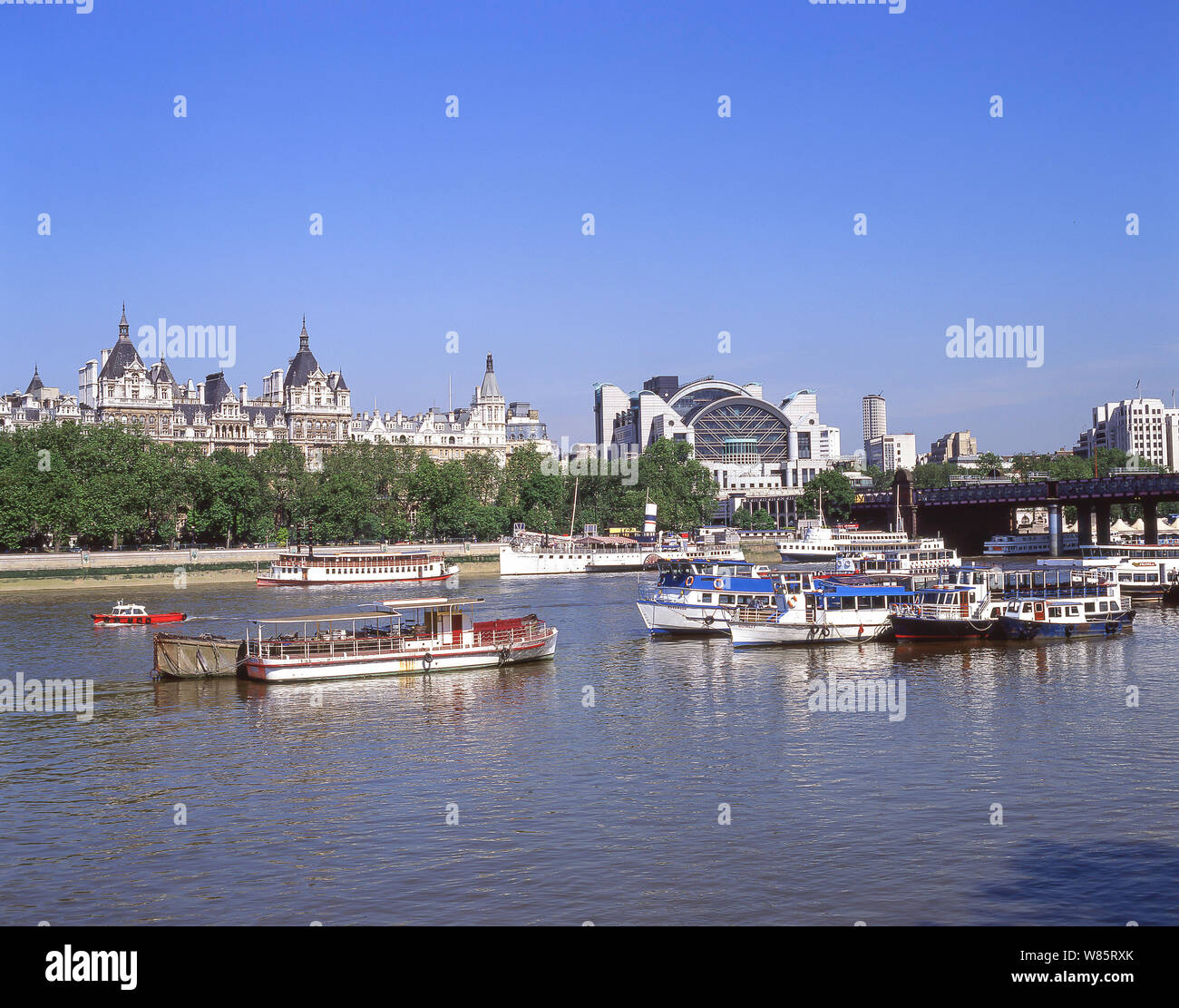 Whitehall Garden and Charing Cross Railway Station across River Thames, South Bank, London Borough of Lambeth, Greater London, England, United Kingdom Stock Photo