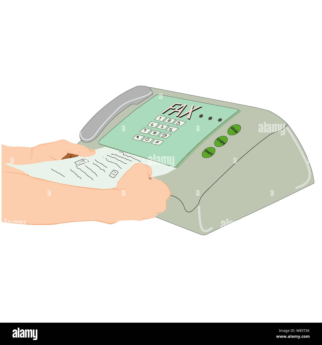 hand man are using a fax machine equipment for data transmission vector