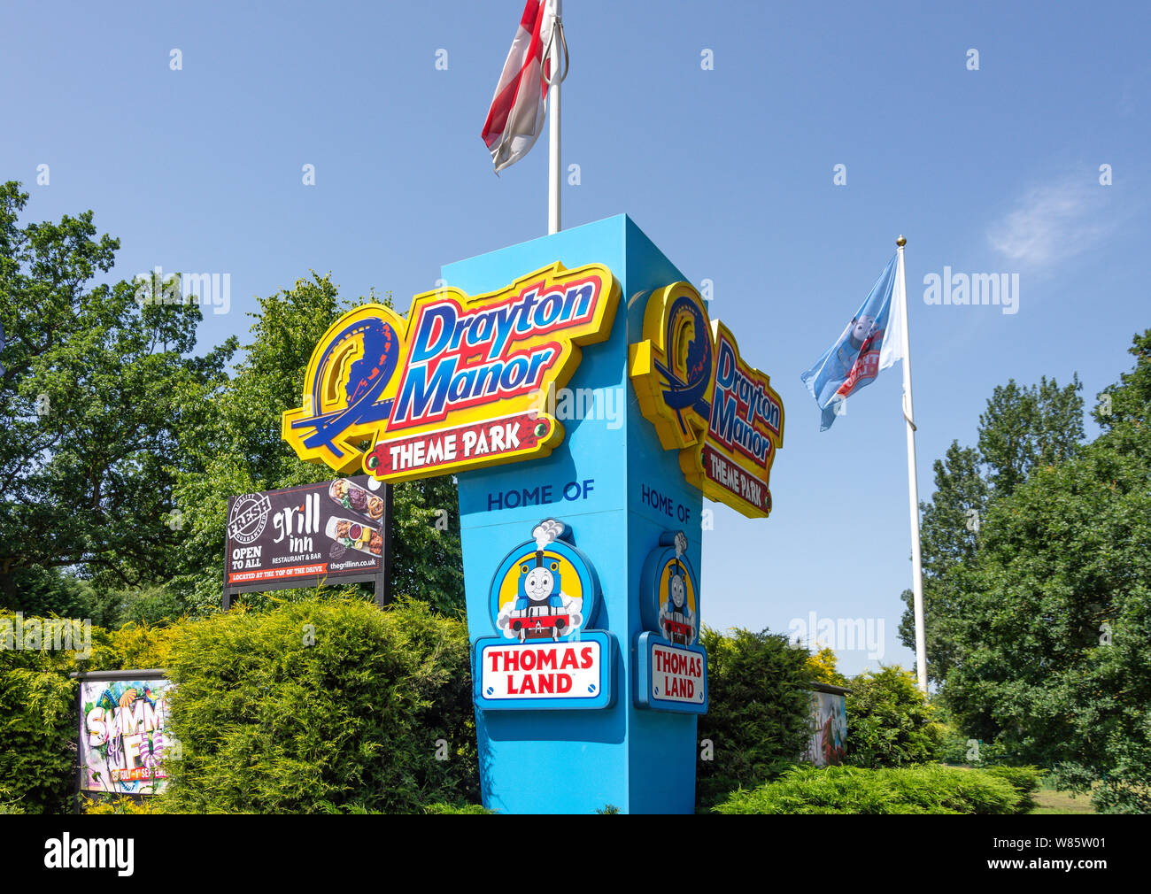 Drayton Manor Theme Park entrance sign, Drayton Manor Drive, Tamworth, Staffordshire, England, United Kingdom Stock Photo