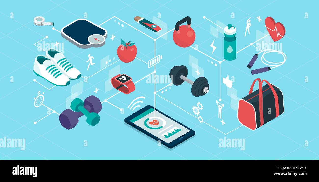 Fitness and sports equipment in a smartphone app, isometric objects connecting together, workout and fitness tracker app Stock Vector
