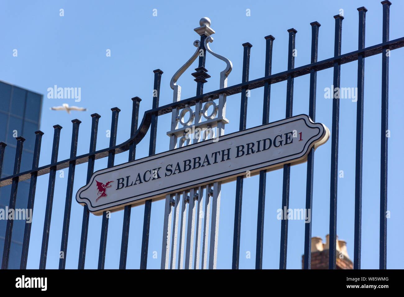 Black Sabbath Bridge sign by The Worcester and Birmingham Canal, Gas Street Basin, Birmingham, West Midlands, England, United Kingdom Stock Photo