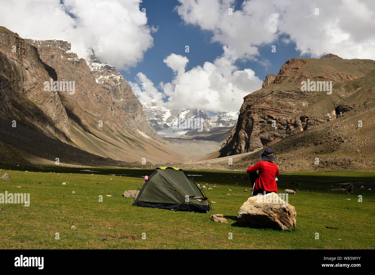 View on the Wakhan Valley in the Pamir mountain. View from the camp under the top of Marks, Tajikistan, Central Asia Stock Photo