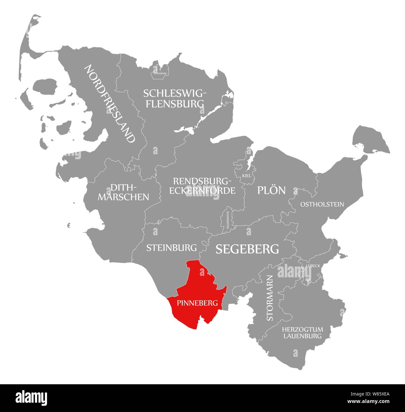 Pinneberg red highlighted in map of Schleswig Holstein Germany Stock Photo