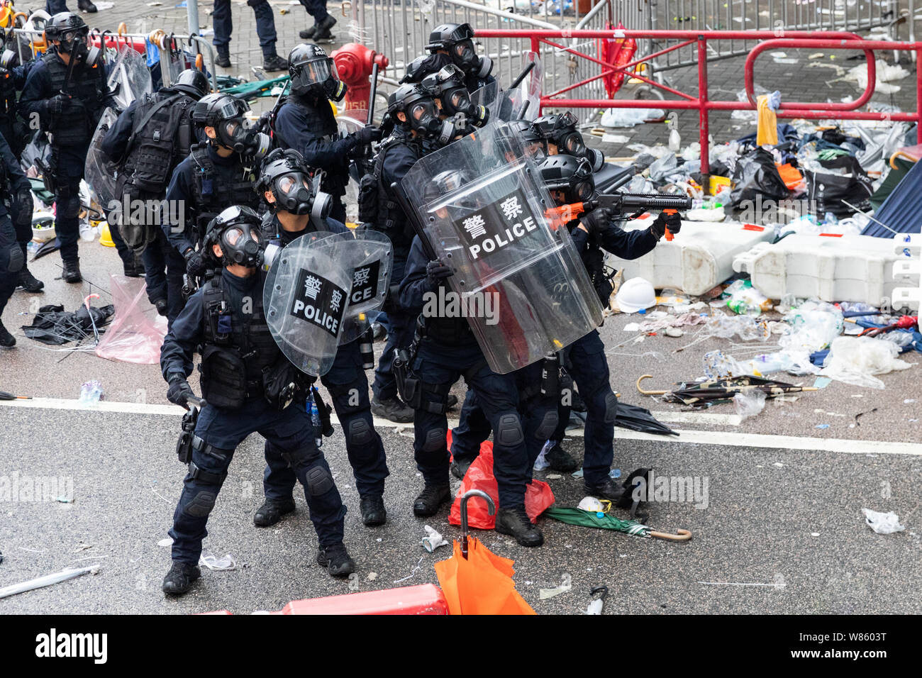 12th June 2019 During an Anti Extradition Bill protest outside the government offices in Admiralty. Riot police fire tear gas at protesters using tear gas launchers. Stock Photo