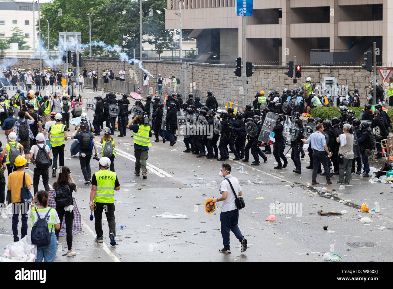 12th June 2019 During an Anti Extradition Bill protest outside the government offices in Admiralty. Protesters and police clashed outside government offices with police firing tear gas and using pepper spray and rubber bullets to clear protesters from the area. Stock Photo
