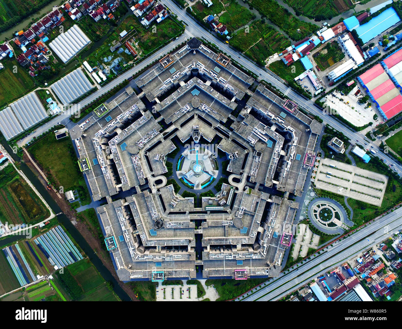 Aerial view of the Pentagon-like building complex in Shanghai, China, 7 December 2015. Stock Photo