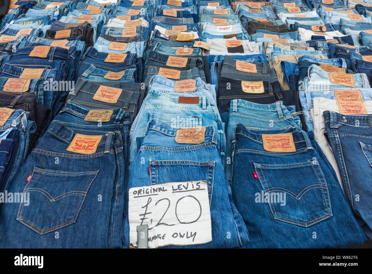 England, London, Deptford Market, Secondhand Levi Jeans for Sale Stock Photo