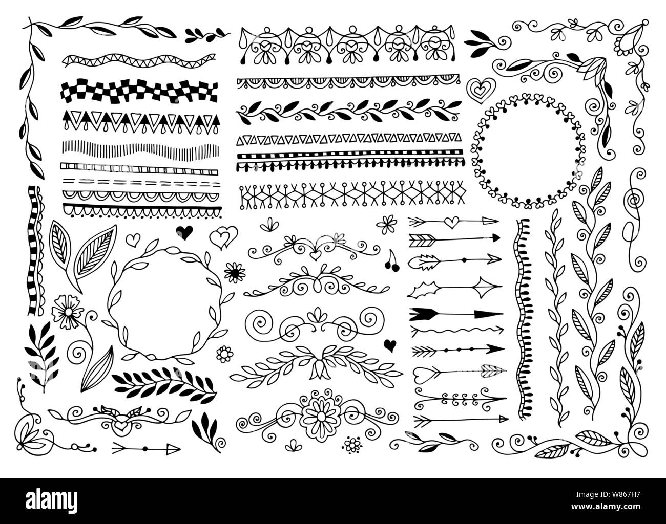 set of hand drawing doodle page divider, border, corner in doodle