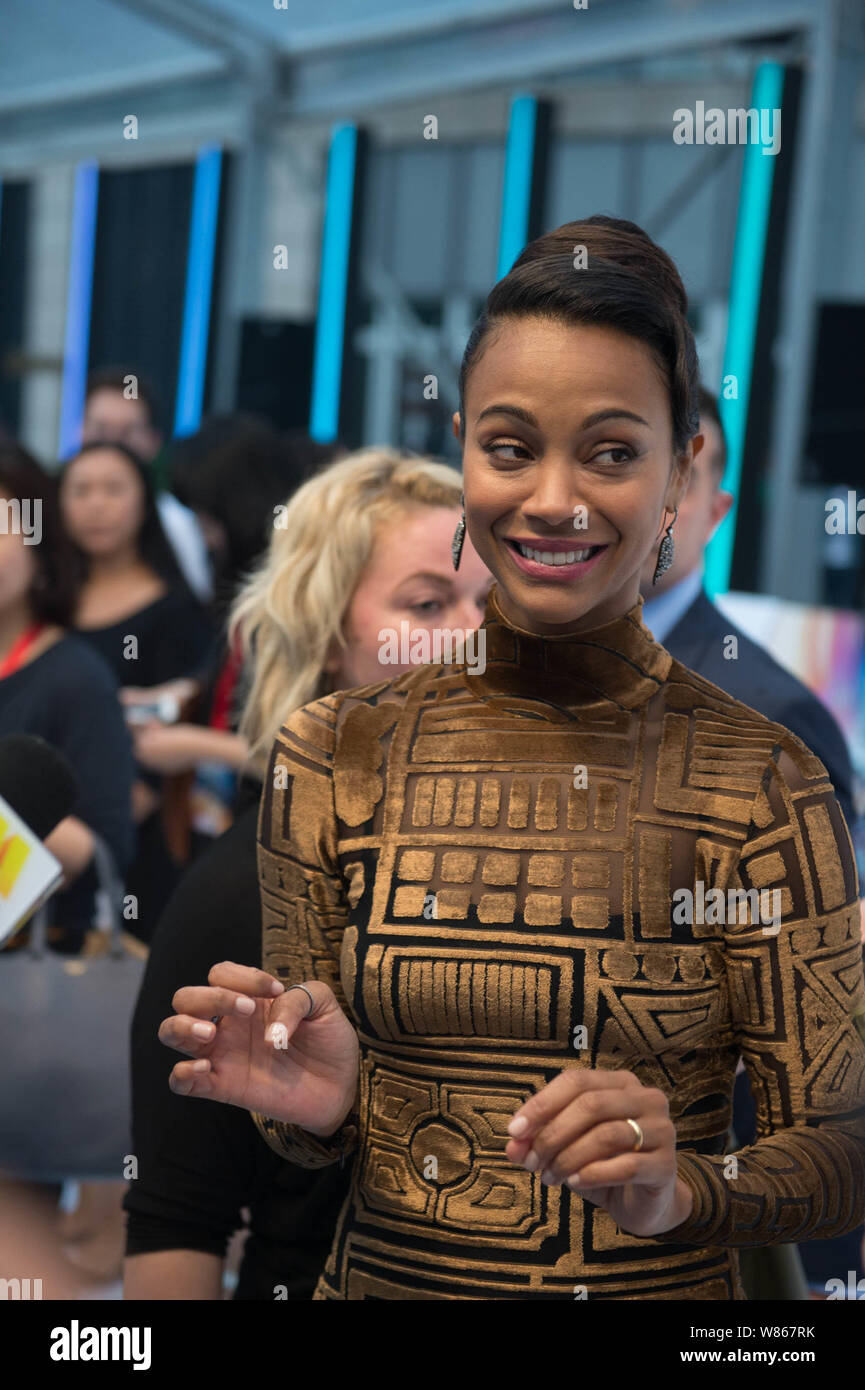 American actress Zoe Saldana attends a press conference for the China