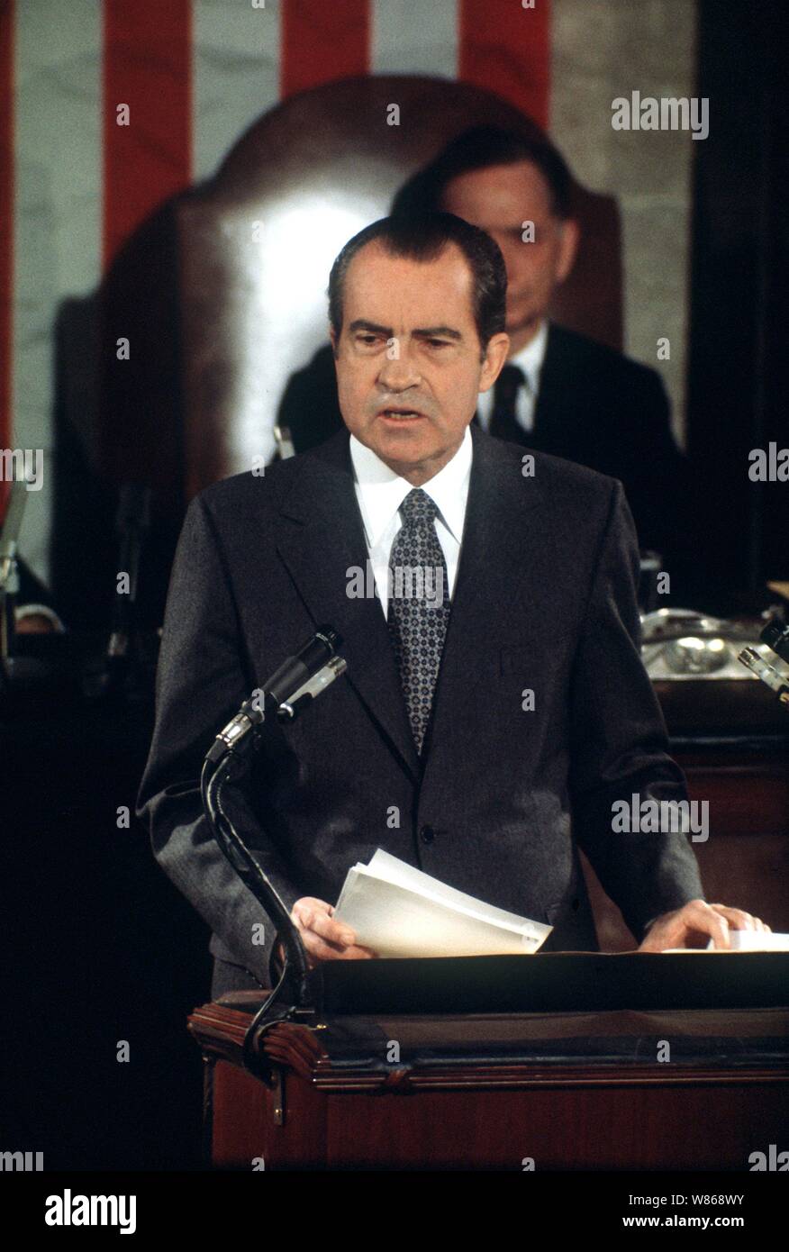 Washington, USA. 30th Nov, 2002. American President Richard Nixon giving a speech to both Houses of Parliament at the US Congress in Washington. (Undated recording). Nixon, who was sworn in 1969 as the 37th President of the United States, resigned in 1974 after the Watergate scandal in order to avoid impeachment proceedings. He was born on 9 1.1913 in Yorba Linda, California and died on 22.4.1994 in New York. | usage worldwide Credit: dpa/Alamy Live News Stock Photo