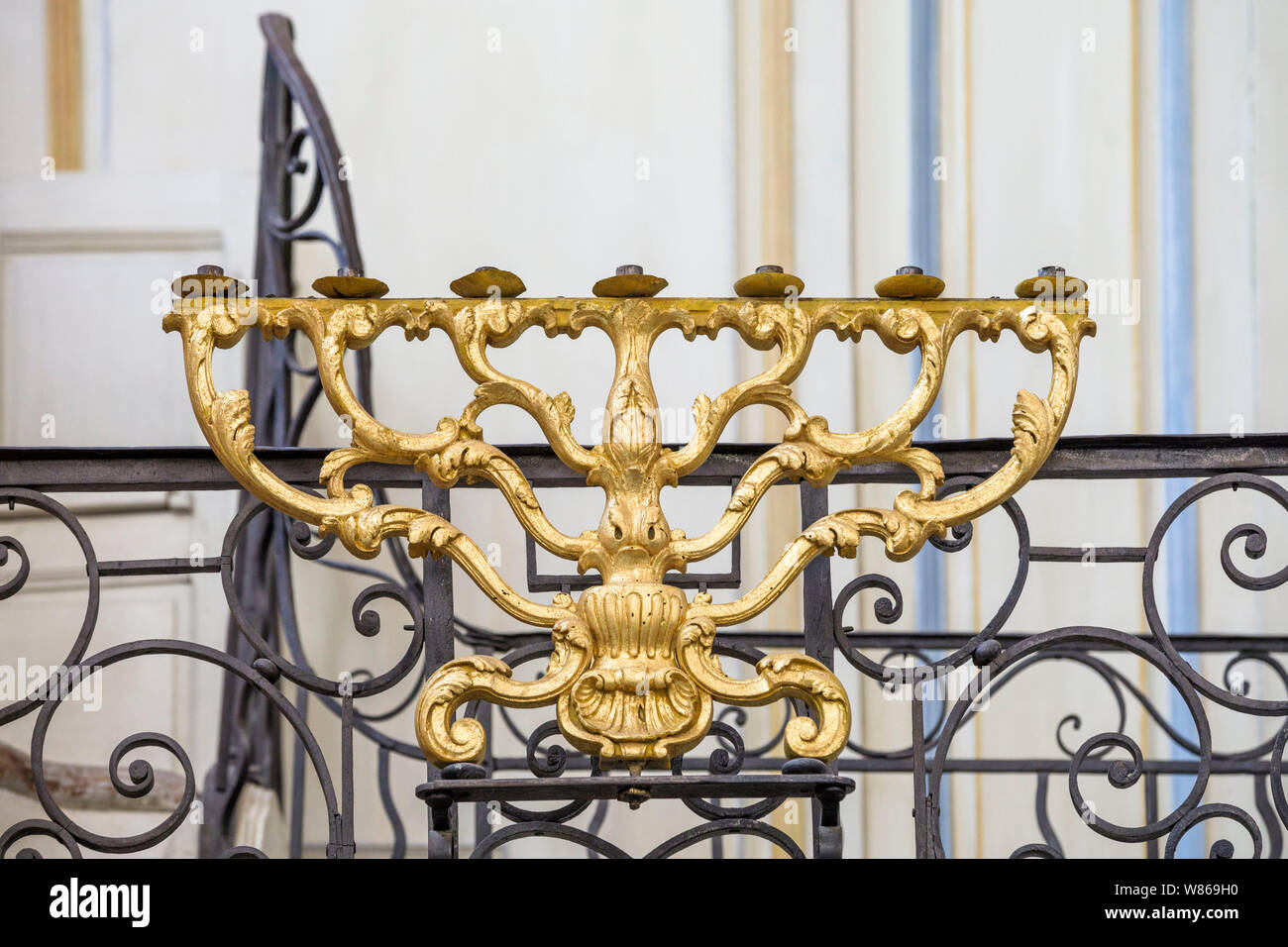 Cavaillon (south-eastern France): Synagogue of Cavaillon, masterpiece dating back to the XVIIIth century. Focus on a 7-branched candelabra Stock Photo