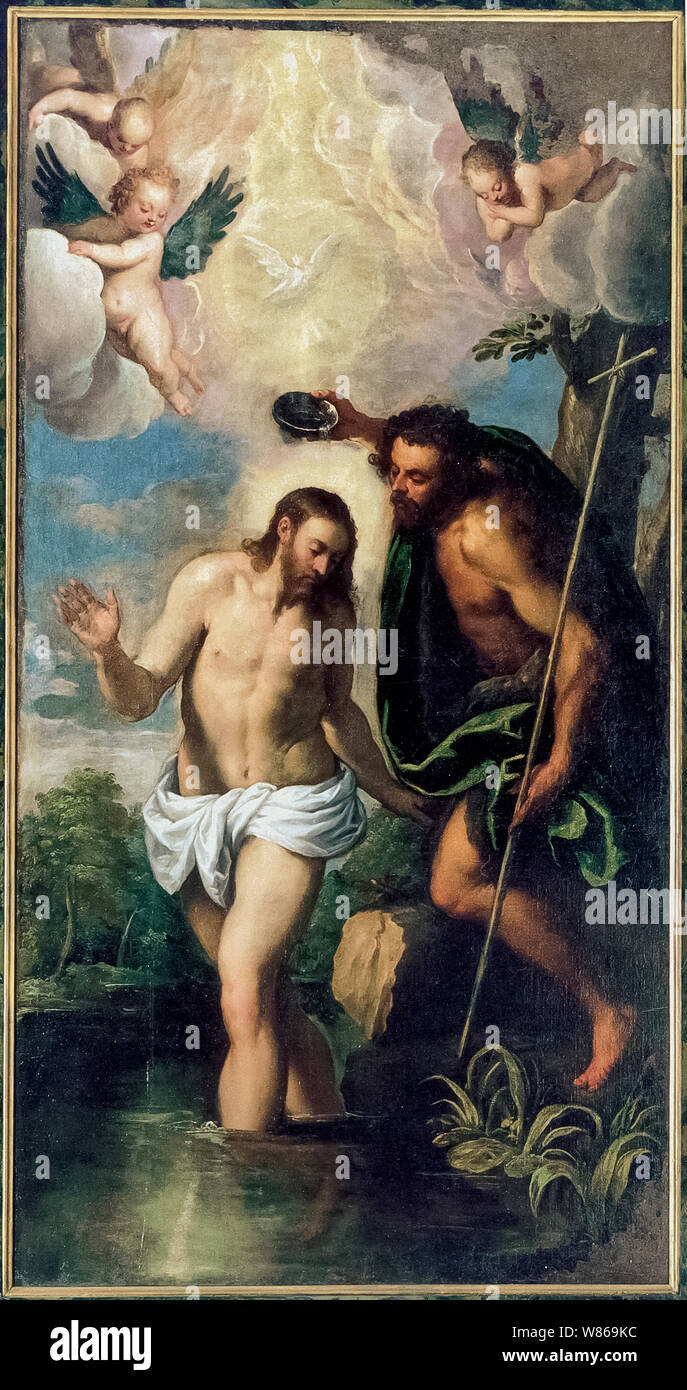 Italy Marche Chiaravalle Santa Maria In Castagnola Abbey - 'Baptism of Christ' by Palma il Giovane Stock Photo