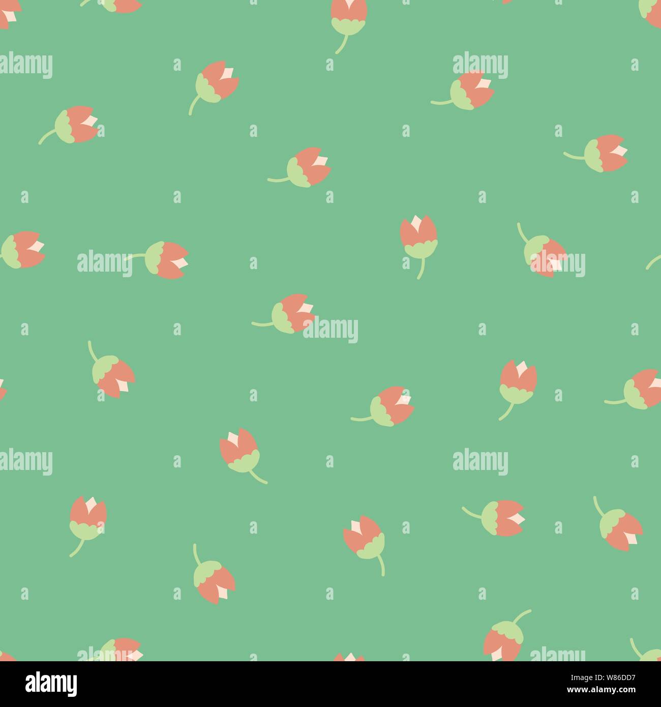 Scattered ditsy flowers green pink seamless vector pattern. Small folk florals repeating background. Scandinavian tulips. Fabric, girls, nursery, page Stock Vector