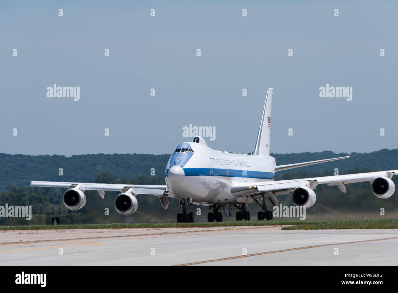 A U.S. Air Force E-4B National Airborne Operations Center aircraft takes off from Offutt Air Force Base, Nebraska, July 10, 2019. The E-4B provides travel support for the Secretary of Defense and their staff to ensure command and control connectivity outside of the continental United States. (U.S. Air Force photo by Staff Sgt. Jacob Skovo) Stock Photo