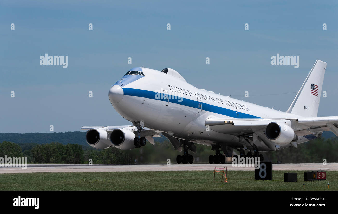 A U.S. Air Force E-4B National Airborne Operations Center aircraft takes off from Offutt Air Force Base, Nebraska, July 10, 2019. At least one E-4B is on alert status 24/7, with a global watch team at one of many selected bases throughout the world, to provide direct support to the President, the Secretary of Defense and the Joint Chiefs of Staff. (U.S. Air Force photo by Staff Sgt. Jacob Skovo) Stock Photo