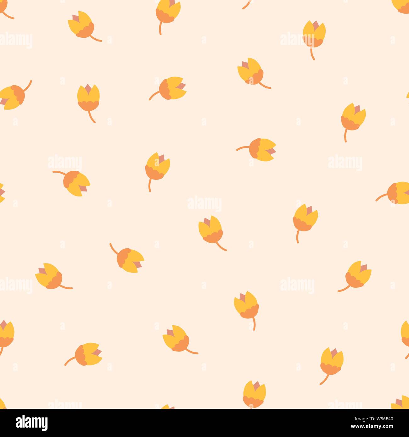 Scandinavian tulip flowers seamless vector pattern. Small folk florals repeating background. Scattered ditsy flowers yellow orange pink . Fabric Stock Vector