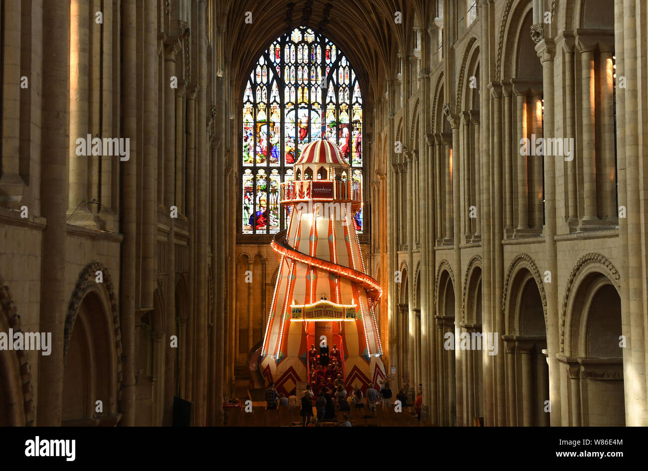 A 40ft helter skelter installed inside Norwich Cathedral as part of the Seeing It Differently project which aims to give people the chance to experience the Cathedral in an entirely new way and open up conversations about faith. Stock Photo